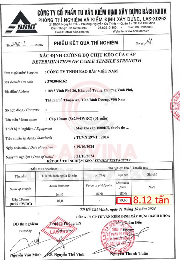 bảng test lực cáp inox 8x29 iwrc 10mm